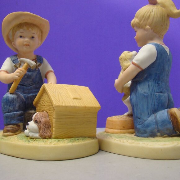 Pair of HOMCO Denim Days Figurine Set #1503 Puppy Love 1985 Home Interiors - Picture 3 of 16
